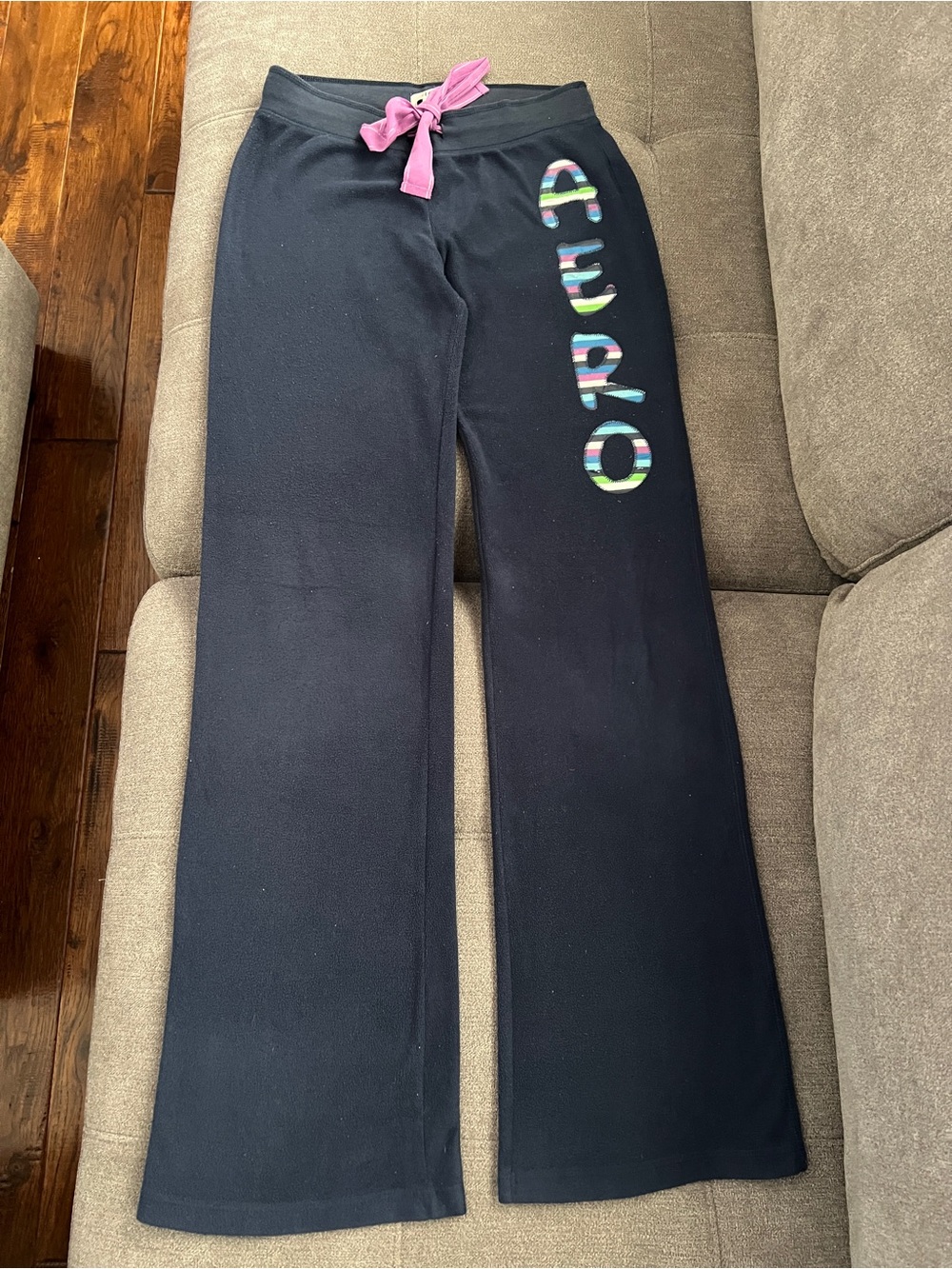 Blue Jogger Pants with Purple Waist Tie and Rainbow Side Letters